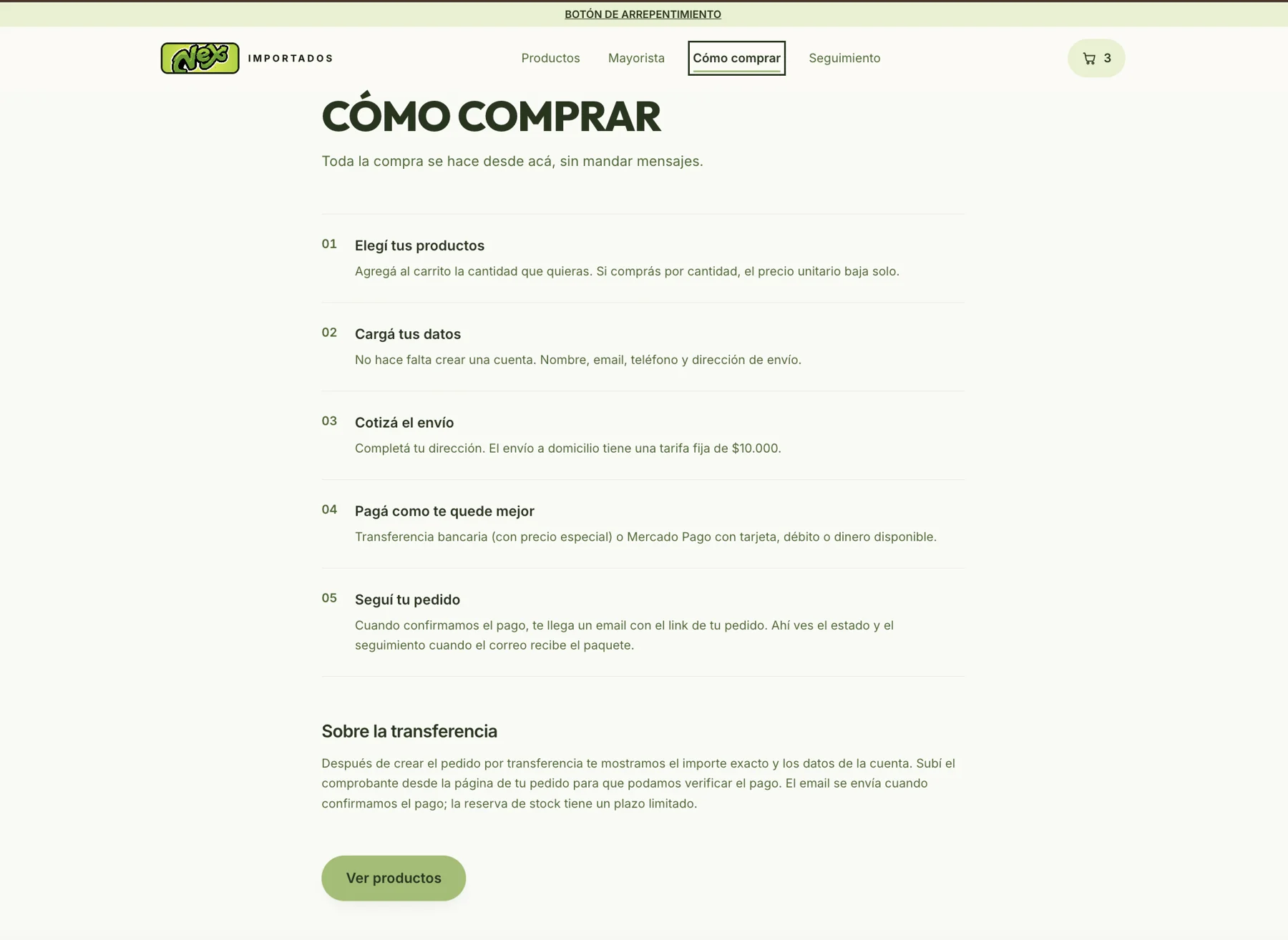 NEX Importados — Información para pagar por transferencia